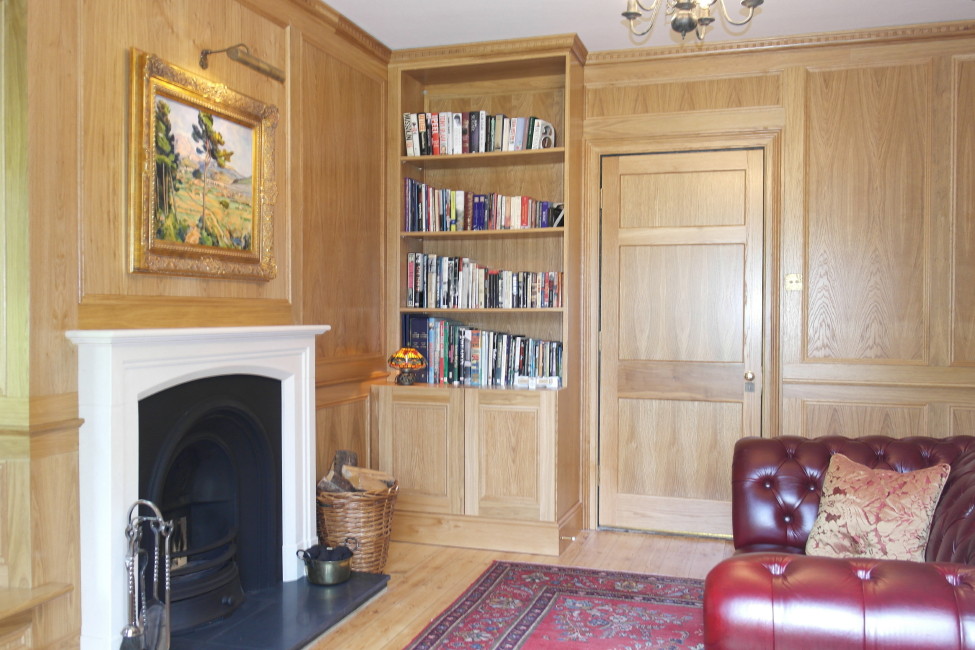 Oak Veneer Wall Panelling with Cornice and bookcase